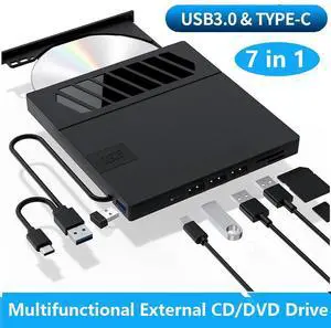 WRIARICH External CD DVD Drive, 7 in 1 USB 3.0 Type-C DVD Drive, Portable External DVD Burner, External CD/DVD Optical Drive with SD/TF Card Reader & 4 USB A Ports for Linux/Mac OS/Windows 7/8/10/11 WRIARICH External CD DVD Drive, 7 in 1 USB 3.0 Type-C DVD Drive, Portable External DVD Burner, External CD/DVD Optical Drive with SD/TF Card Reader & 4 USB A Ports for Linux/Mac OS/Windows 7/8/10/11