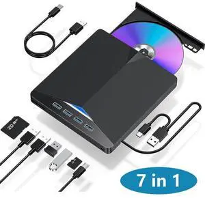 7-in-1 External CD DVD Drive for Laptop, USB 3.0 Type C CD DVD Player Burner with Card Reader 4 USB Ports Hub, Portable Slim CD DVD ROM for Desktop PC Compatible with Windows 11/10/8/7 Linux MacOS 7-in-1 External CD DVD Drive for Laptop, USB 3.0 Type C CD DVD Player Burner with Card Reader 4 USB Ports Hub, Portable Slim CD DVD ROM for Desktop PC Compatible with Windows 11/10/8/7 Linux MacOS