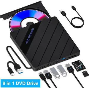 8-in-1 External CD DVD Drive for Laptop, USB 3.0 Type-C Slim Portable Player CD DVD RW Burner Writer Reader with SD/TF Slot & 4 USB Ports, Optical Disk Drive for Windows11/10/Mac OS/Vista/Linux 8-in-1 External CD DVD Drive for Laptop, USB 3.0 Type-C Slim Portable Player CD DVD RW Burner Writer Reader with SD/TF Slot & 4 USB Ports, Optical Disk Drive for Windows11/10/Mac OS/Vista/Linux