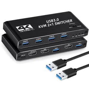 HDMI KVM Switch 2 Port, 4K@60Hz USB KVM Switch 2x1 HDMI2.0 Ports + 4x USB3.0 Ports, Share 2 Computers to one Monitor, Supports Hotkey Switch, Wireless Keyboard and Mouse, USB Disk, Printer, USB Camera HDMI KVM Switch 2 Port, 4K@60Hz USB KVM Switch 2x1 HDMI2.0 Ports + 4x USB3.0 Ports, Share 2 Computers to one Monitor, Supports Hotkey Switch, Wireless Keyboard and Mouse, USB Disk, Printer, USB Camera