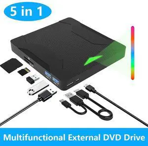5 in 1 External CD DVD Drive with 2 USB Ports and SD/TF Card Slots, Type-C USB 3.0 Portable CD/DVD Disk Drive Player Burner Reader Writer for Laptop Desktop PC Windows 11/10/8/7/XP Linux, MacOS 5 in 1 External CD DVD Drive with 2 USB Ports and SD/TF Card Slots, Type-C USB 3.0 Portable CD/DVD Disk Drive Player Burner Reader Writer for Laptop Desktop PC Windows 11/10/8/7/XP Linux, MacOS