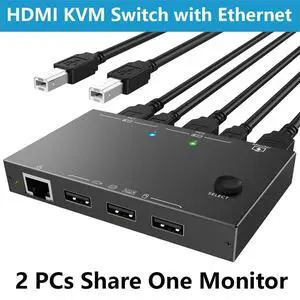 2 Port HDMI KVM Switch 2 PC 1 Monitor 4K@60Hz 2K@144Hz, 2 in 1 Out HDMI KVM Switch with Ethernet and 4 USB 2.0 ports for 2 PC Sharing 1 Monitor and keyboard, mouse, printer, U disk, with 2 USB cables 2 Port HDMI KVM Switch 2 PC 1 Monitor 4K@60Hz 2K@144Hz, 2 in 1 Out HDMI KVM Switch with Ethernet and 4 USB 2.0 ports for 2 PC Sharing 1 Monitor and keyboard, mouse, printer, U disk, with 2 USB cables