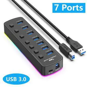 USB 3.0 Hub, RGB 7 Ports USB 3.0 Hub with 14 Mode RGB LED Strip, 5Gbps High Speed USB Splitter Adapter Individual On/Off Switch For PC Computer Accessories RGB USB Hub (without Power Adapter) USB 3.0 Hub, RGB 7 Ports USB 3.0 Hub with 14 Mode RGB LED Strip, 5Gbps High Speed USB Splitter Adapter Individual On/Off Switch For PC Computer Accessories RGB USB Hub (without Power Adapter)