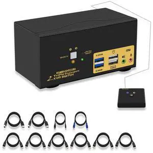 2 Port USB 3.0 Triple Monitor Displayport KVM Switch, Displayport 1.4 Support 8K@30Hz 4K@144Hz, DP KVM Switch 2 Computers 3 Monitors Video Keyboard Mouse Peripheral Audio Sharing Selector with Cables 2 Port USB 3.0 Triple Monitor Displayport KVM Switch, Displayport 1.4 Support 8K@30Hz 4K@144Hz, DP KVM Switch 2 Computers 3 Monitors Video Keyboard Mouse Peripheral Audio Sharing Selector with Cables