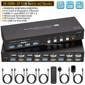 Dual Monitor HDMI + Displayport KVM Switch for 4 Computers 2 Monitors 8K@60Hz 4K@120Hz 4 Port KVM Switches Support 4 PCs Share 4 USB Devices Support Copy and Extend Mode with External Accessories Dual Monitor HDMI + Displayport KVM Switch for 4 Computers 2 Monitors 8K@60Hz 4K@120Hz 4 Port KVM Switches Support 4 PCs Share 4 USB Devices Support Copy and Extend Mode with External Accessories