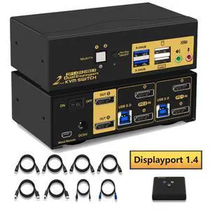 2 Port Displayport KVM Switch, Dual Monitor DisplayPort 1.4 USB 3.0 KVM Switch for 2 Computers 2 Monitor 4K@144Hz 8K@30Hz, PC Screen Keyboard Mouse Peripheral Audio Sharing Selector, with All Cables 2 Port Displayport KVM Switch, Dual Monitor DisplayPort 1.4 USB 3.0 KVM Switch for 2 Computers 2 Monitor 4K@144Hz 8K@30Hz, PC Screen Keyboard Mouse Peripheral Audio Sharing Selector, with All Cables