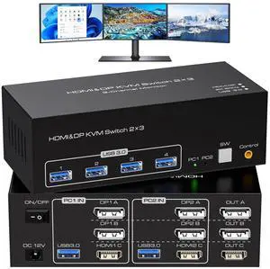 4K@120Hz HDMI and 2 Displayport KVM Switch 3 Monitors 2 Computers, DP1.4 8K@60Hz Display Port for 2 PC or Laptops Share Triple Monitor and 4 USB 3.0 Peripherals Support Extended and Duplicate Mode 4K@120Hz HDMI and 2 Displayport KVM Switch 3 Monitors 2 Computers, DP1.4 8K@60Hz Display Port for 2 PC or Laptops Share Triple Monitor and 4 USB 3.0 Peripherals Support Extended and Duplicate Mode