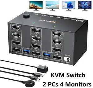 Quad Monitor KVM Switch 4 Monitors 2 Computers 4K120Hz/8K@30Hz, USB 3.0 KVM Switch Quad Monitor for 2 PC Share 4 Monitors and Keyboard & Mouse,with Wired Remote and USB Cables,Input 2 HD+2 DP Port Quad Monitor KVM Switch 4 Monitors 2 Computers 4K120Hz/8K@30Hz, USB 3.0 KVM Switch Quad Monitor for 2 PC Share 4 Monitors and Keyboard & Mouse,with Wired Remote and USB Cables,Input 2 HD+2 DP Port