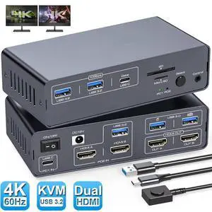 Dual Monitor KVM Switch, 10Gbps USB 3.2 USB-C HDMI KVM Switch 4K@60Hz,EDID emulation, Dual Monitor HDMI KVM Switch for 1 Laptop 1 Computer 2 Monitor for Mac-book 2 PCs, 13-in-1 Docking Station Dual Monitor KVM Switch, 10Gbps USB 3.2 USB-C HDMI KVM Switch 4K@60Hz,EDID emulation, Dual Monitor HDMI KVM Switch for 1 Laptop 1 Computer 2 Monitor for Mac-book 2 PCs, 13-in-1 Docking Station
