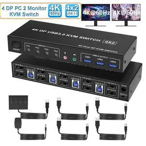 Displayport KVM Switch 2 Monitors 4 Computers 4K@60Hz, Dual Monitor Displayport USB 3.0 KVM Switch with Audio Microphone Output and 3 USB 3.0 Ports, DP Monitor KVM switch for 4 PCs 2 Monitors Displayport KVM Switch 2 Monitors 4 Computers 4K@60Hz, Dual Monitor Displayport USB 3.0 KVM Switch with Audio Microphone Output and 3 USB 3.0 Ports, DP Monitor KVM switch for 4 PCs 2 Monitors