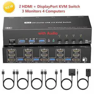 4K@144Hz Triple Monitor KVM Switch 3 Monitors 4 Computers, 8K@60Hz 2 HDMI + DisplayPort USB 3.0 KVM Switch for 4 PC Share 3 Monitors and 3 USB Ports with Audio Microphone Output, with Wired Remote 4K@144Hz Triple Monitor KVM Switch 3 Monitors 4 Computers, 8K@60Hz 2 HDMI + DisplayPort USB 3.0 KVM Switch for 4 PC Share 3 Monitors and 3 USB Ports with Audio Microphone Output, with Wired Remote