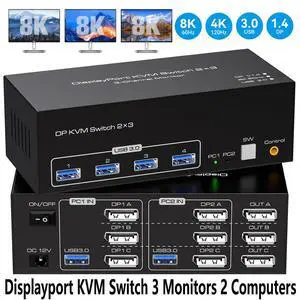 4K@120Hz Displayport KVM Switch 3 Monitors 2 Computers, 8K@60Hz Triple Monitor DP USB 3.0 KVM Switches for 2 PC/Laptops Share 3 Monitors & 4 USB 3.0 Ports Support Extended & Duplicate Display Mode 4K@120Hz Displayport KVM Switch 3 Monitors 2 Computers, 8K@60Hz Triple Monitor DP USB 3.0 KVM Switches for 2 PC/Laptops Share 3 Monitors & 4 USB 3.0 Ports Support Extended & Duplicate Display Mode