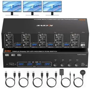 HDMI +2 Displayport KVM Switch 3 Monitors 4 Computers 8K@60Hz 4K@144Hz Triple Monitor KVM Switches with 4 USB Ports for Keyboard Mouse,Support Extended/Copy Mode, with Wired Remote and 4 USB Cable HDMI +2 Displayport KVM Switch 3 Monitors 4 Computers 8K@60Hz 4K@144Hz Triple Monitor KVM Switches with 4 USB Ports for Keyboard Mouse,Support Extended/Copy Mode, with Wired Remote and 4 USB Cable