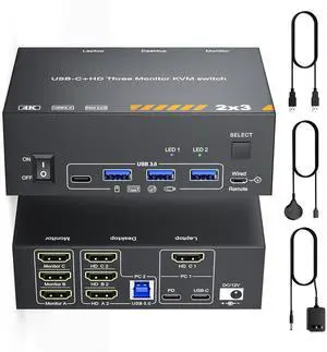USB C HDMI KVM Switch 3 Monitors 1 Laptop & 1 Desktop, 4K HDMI USB Switch, Triple Monitors KVM Switch for Laptop with 3 USB 3.0 Ports, 4K Hub for 2 PCs to Share Monitor, Keyboard, Mouse & Printer USB C HDMI KVM Switch 3 Monitors 1 Laptop & 1 Desktop, 4K HDMI USB Switch, Triple Monitors KVM Switch for Laptop with 3 USB 3.0 Ports, 4K Hub for 2 PCs to Share Monitor, Keyboard, Mouse & Printer
