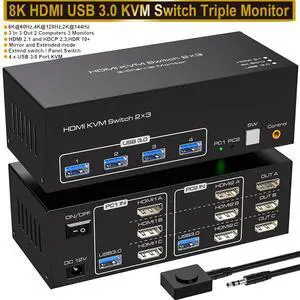 8K@60Hz HDMI KVM Switch 3 Monitors 2 Computers, USB 3.0 KVM Switches with 4 USB Ports Triple Monitor KVM Switches for 2 Computers Support Extended & Copy Mode, 12V DC Adapter 2 USB Cables Included 8K@60Hz HDMI KVM Switch 3 Monitors 2 Computers, USB 3.0 KVM Switches with 4 USB Ports Triple Monitor KVM Switches for 2 Computers Support Extended & Copy Mode, 12V DC Adapter 2 USB Cables Included