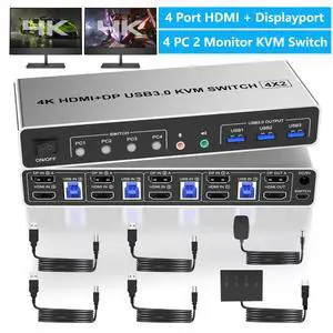 Displayport+HDMI KVM Switch 2 Monitors 4 Computers, 4K@60Hz Dual Monitor KVM Switch 4 in 2 Out with Audio Microphone Output and 3 USB 3.0 Ports, 4 Port HDMI + DP Monitor Switch for 4 PCs 2 Monitor Displayport+HDMI KVM Switch 2 Monitors 4 Computers, 4K@60Hz Dual Monitor KVM Switch 4 in 2 Out with Audio Microphone Output and 3 USB 3.0 Ports, 4 Port HDMI + DP Monitor Switch for 4 PCs 2 Monitor
