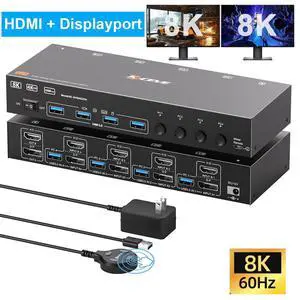 4K@144Hz KVM Switch 2 Monitors 4 Computers 8K@60Hz, HDMI + Displayport KVM Switch Dual Monitor with 4 USB 3.0 Port for Keyboard Mouse Printer, Wired Remote, Power Adapter and 4 USB Cables Included 4K@144Hz KVM Switch 2 Monitors 4 Computers 8K@60Hz, HDMI + Displayport KVM Switch Dual Monitor with 4 USB 3.0 Port for Keyboard Mouse Printer, Wired Remote, Power Adapter and 4 USB Cables Included