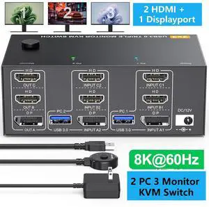 WRIARICH Triple Monitor KVM Switch 2 PCs 3 Monitors, 8K@60Hz 4K@144Hz 2 HDMI + 1 Displayport USB 3.0 KVM Switch Extended Display 3 Monitors 2 Computers KVM with USB 3.0 Cables Wired Controller giyqxHw WRIARICH Triple Monitor KVM Switch 2 PCs 3 Monitors, 8K@60Hz 4K@144Hz 2 HDMI + 1 Displayport USB 3.0 KVM Switch Extended Display 3 Monitors 2 Computers KVM with USB 3.0 Cables Wired Controller giyqxHw