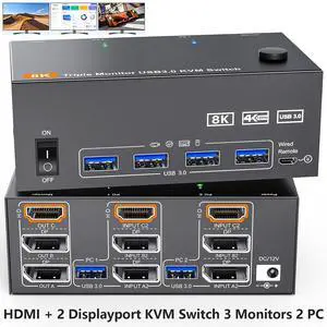 8K@60Hz HDMI + 2 Displayport KVM Switch 3 Monitors 2 Computers, 4K@144Hz Triple Monitor kvm Switch 2 Computers for 2 PC Share 3 Monitors and 4 USB 3.0 Devices, KVM Support Extended and Copy Mode 8K@60Hz HDMI + 2 Displayport KVM Switch 3 Monitors 2 Computers, 4K@144Hz Triple Monitor kvm Switch 2 Computers for 2 PC Share 3 Monitors and 4 USB 3.0 Devices, KVM Support Extended and Copy Mode