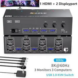 KVM Switch 3 Monitors 3 Computers 8K@60Hz 4K@144Hz, HDMI+2 Displayport USB 3.0 KVM Switch Triple Monitor for 3 Computer Share 3 Monitor and 4 USB 3.0 Devices, Wired Remote & Power Adapter Included KVM Switch 3 Monitors 3 Computers 8K@60Hz 4K@144Hz, HDMI+2 Displayport USB 3.0 KVM Switch Triple Monitor for 3 Computer Share 3 Monitor and 4 USB 3.0 Devices, Wired Remote & Power Adapter Included