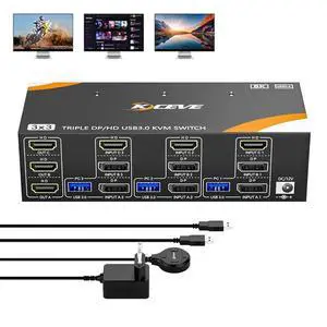 KVM Switch 3 Computers 3 Monitors 8K@60Hz /4K@144Hz, 2* Displayport + HDMI Triple Monitor USB 3.0 KVM Switch for 3 PC Shares 3 Monitors and 4 USB 3.0 Devices with Wired Remote & 12V Power Adapter KVM Switch 3 Computers 3 Monitors 8K@60Hz /4K@144Hz, 2* Displayport + HDMI Triple Monitor USB 3.0 KVM Switch for 3 PC Shares 3 Monitors and 4 USB 3.0 Devices with Wired Remote & 12V Power Adapter