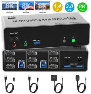8K@60Hz Displayport KVM Switch 3 Monitors 2 Computers 4K@144Hz, DP1.4 KVM Switch Triple Monitor for 2 Computer Share 3 Monitor, Audio Mic Port and 3 USB3.0 Devices Support Extended and Copy Mode 8K@60Hz Displayport KVM Switch 3 Monitors 2 Computers 4K@144Hz, DP1.4 KVM Switch Triple Monitor for 2 Computer Share 3 Monitor, Audio Mic Port and 3 USB3.0 Devices Support Extended and Copy Mode