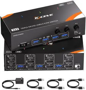 WRIARICH KVM Switch 3 Monitors 3 Computers 8K@60Hz/4K@120Hz, HDMI + 2 DP KVM Switches for 3 PC Sharing Triple HDMI Monitor and Keyboard Mouse with Power Adapter, Wired Controller and USB 3.0 Cables WRIARICH KVM Switch 3 Monitors 3 Computers 8K@60Hz/4K@120Hz, HDMI + 2 DP KVM Switches for 3 PC Sharing Triple HDMI Monitor and Keyboard Mouse with Power Adapter, Wired Controller and USB 3.0 Cables