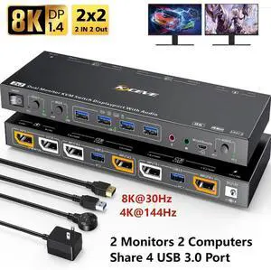 USB 3.0 Displayport KVM Switch 2 Monitors 2 Computers 8K@30Hz 4K@144Hz, Dual Monitor Displayport1.4 KVM Switches with Audio and 4 USB3.0 Port for USB Device,Wired Remote and USB3.0 Cables Included USB 3.0 Displayport KVM Switch 2 Monitors 2 Computers 8K@30Hz 4K@144Hz, Dual Monitor Displayport1.4 KVM Switches with Audio and 4 USB3.0 Port for USB Device,Wired Remote and USB3.0 Cables Included