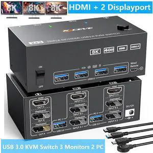 Triple Monitors USB 3.0 KVM Switch 3 Monitors 2 Computers 8K@60Hz 4K@144Hz, HDMI + 2 Displayport KVM Switch for 2 PC share 3 Monitors, 4 USB 3.0 Devices, With Wired Remote 5 Cables & Power adapter Triple Monitors USB 3.0 KVM Switch 3 Monitors 2 Computers 8K@60Hz 4K@144Hz, HDMI + 2 Displayport KVM Switch for 2 PC share 3 Monitors, 4 USB 3.0 Devices, With Wired Remote 5 Cables & Power adapter