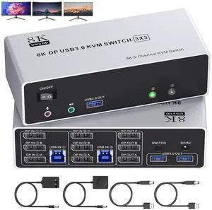 8K@60Hz Displayport KVM Switch 3 Monitors 2 Computers, 4K@120Hz Triple Monitor KVM Switch for 2 Computers Sharing 3 Monitors, Keyboard, Mouse, with 2 USB3.0 Cables, Controller and Power Adapter 8K@60Hz Displayport KVM Switch 3 Monitors 2 Computers, 4K@120Hz Triple Monitor KVM Switch for 2 Computers Sharing 3 Monitors, Keyboard, Mouse, with 2 USB3.0 Cables, Controller and Power Adapter