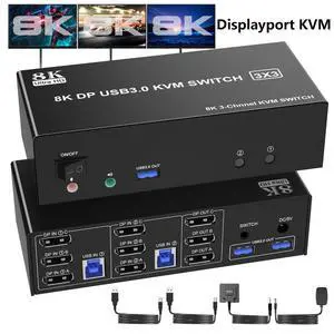 Displayport USB 3.0 KVM Switch 3 Monitors 2 Computers, 8K@60Hz DP1.4 Triple Monitor KVM Switch with Audio Microphone Output and 3 USB 3.0 Ports, 8K DP KVM Triple Monitor Keyboard Mouse Switcher Displayport USB 3.0 KVM Switch 3 Monitors 2 Computers, 8K@60Hz DP1.4 Triple Monitor KVM Switch with Audio Microphone Output and 3 USB 3.0 Ports, 8K DP KVM Triple Monitor Keyboard Mouse Switcher