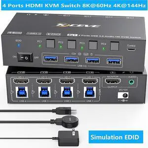 USB 3.0 KVM Switch HDMI 4 Port, 8K@60Hz 4K@144Hz, EDID Simulation KVM Switch 4 Computers Share 1 Monitor and 4 USB Devices, Keyboard Mouse Switch with USB Cables, Wired Control and Power Supply USB 3.0 KVM Switch HDMI 4 Port, 8K@60Hz 4K@144Hz, EDID Simulation KVM Switch 4 Computers Share 1 Monitor and 4 USB Devices, Keyboard Mouse Switch with USB Cables, Wired Control and Power Supply