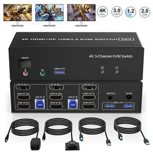 2 HDMI + 1 Displayport KVM Switch 3 Monitor 2 Computers, 4K@60Hz Triple Monitor KVM Switch with Audio Microphone Output and 3 USB 3.0 Ports, 2 Computers Share 3 Monitors Keyboard Mouse Switcher 2 HDMI + 1 Displayport KVM Switch 3 Monitor 2 Computers, 4K@60Hz Triple Monitor KVM Switch with Audio Microphone Output and 3 USB 3.0 Ports, 2 Computers Share 3 Monitors Keyboard Mouse Switcher