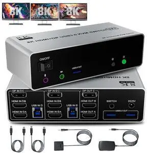 8K@60Hz KVM Switch 3 Monitors 2 Computers 4K@144Hz, 2 HDMI+Displayport KVM Switch Triple Monitor for 2 Computer Share 3 Monitor, Audio Mic Port & 3 USB3.0 Devices, Wired Remote & 5V Power Adapter 8K@60Hz KVM Switch 3 Monitors 2 Computers 4K@144Hz, 2 HDMI+Displayport KVM Switch Triple Monitor for 2 Computer Share 3 Monitor, Audio Mic Port & 3 USB3.0 Devices, Wired Remote & 5V Power Adapter