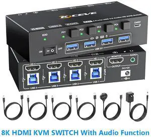 HDMI KVM Switch 4 Computers 8K@60Hz 4K@144Hz, Simulation EDID, 4 Ports HDMI USB 3.0 KVM Switches with Audio for 4 Computer Share 1 Monitor and Keyboard Mouse, Wired Remote, Power Adapter Included HDMI KVM Switch 4 Computers 8K@60Hz 4K@144Hz, Simulation EDID, 4 Ports HDMI USB 3.0 KVM Switches with Audio for 4 Computer Share 1 Monitor and Keyboard Mouse, Wired Remote, Power Adapter Included