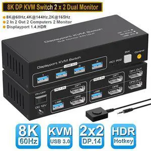 Dual Monitor DisplayPort KVM Switch 2 in 2 Out, 2 Port Displayport 1.4 KVM Switch for 2 Computers 2 Monitors Share Keyboard Mouse Printer Support 8K@60Hz with 4 Port USB 3.0 Support Desktop Control Dual Monitor DisplayPort KVM Switch 2 in 2 Out, 2 Port Displayport 1.4 KVM Switch for 2 Computers 2 Monitors Share Keyboard Mouse Printer Support 8K@60Hz with 4 Port USB 3.0 Support Desktop Control