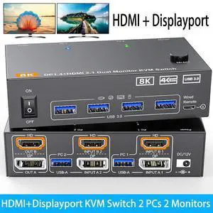 2 Port HDMI + Displayport Dual Monitor KVM Switch, 8K@60Hz 4K@144Hz HDMI+DP USB 3.0 KVM Switch Extended Display 2 Monitors 2 Computers with 4 USB 3.0 Ports, USB Cables & Wired Controller included 2 Port HDMI + Displayport Dual Monitor KVM Switch, 8K@60Hz 4K@144Hz HDMI+DP USB 3.0 KVM Switch Extended Display 2 Monitors 2 Computers with 4 USB 3.0 Ports, USB Cables & Wired Controller included