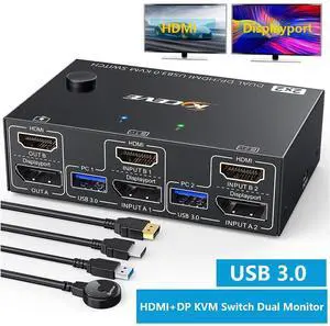 WRIARICH Dual Monitor HDMI+DP KVM Switch 4K@60Hz, USB 3.0 HDMI + Displayport KVM Switch for 2 Computer Share 2 Monitor and 4 USB 3.0 Devices Keyboard Mouse, Wired Remote and 4 Cables Included WRIARICH Dual Monitor HDMI+DP KVM Switch 4K@60Hz, USB 3.0 HDMI + Displayport KVM Switch for 2 Computer Share 2 Monitor and 4 USB 3.0 Devices Keyboard Mouse, Wired Remote and 4 Cables Included