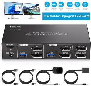 Dual Monitor Displayport KVM Switch, 8K@60Hz/4K@120Hz USB 3.0 DP 1.4 KVM Switcher for 2 Computers Share 2 Monitors and 4 USB Devices Support Extended & Copy Mode Wired Controller 2 USB Cables Included Dual Monitor Displayport KVM Switch, 8K@60Hz/4K@120Hz USB 3.0 DP 1.4 KVM Switcher for 2 Computers Share 2 Monitors and 4 USB Devices Support Extended & Copy Mode Wired Controller 2 USB Cables Included