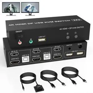 Dual Monitor HDMI + DP KVM Switch 2x2, DisplayPort and HDMI 4K@60Hz Extended Display KVM Switch 2 Monitors 2 Computers with Audio Microphone Output and 3 USB Ports, PC Monitor Keyboard Mouse Switcher Dual Monitor HDMI + DP KVM Switch 2x2, DisplayPort and HDMI 4K@60Hz Extended Display KVM Switch 2 Monitors 2 Computers with Audio Microphone Output and 3 USB Ports, PC Monitor Keyboard Mouse Switcher