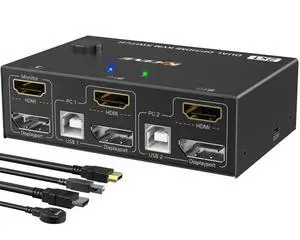 WRIARICH 2 Port Dual Monitor KVM Switch HDMI+DisplayPort 4K @60Hz, 2K @120Hz HDMI DP Extended Display Switcher for 2 PC Share 2 monitors and 4 USB 2.0 ports, Wired remote and 4 cables included WRIARICH 2 Port Dual Monitor KVM Switch HDMI+DisplayPort 4K @60Hz, 2K @120Hz HDMI DP Extended Display Switcher for 2 PC Share 2 monitors and 4 USB 2.0 ports, Wired remote and 4 cables included