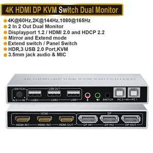 Dual Monitor HDMI Displayport KVM Switch, 2 Port Extended Display 2 in 2 Out KVM Switch, UHD 4K@60Hz RGB 4:4:4, USB Hub, Audio, Button Switching, DP HDMI KVM Switcher for 2 Computers 2 Monitors Dual Monitor HDMI Displayport KVM Switch, 2 Port Extended Display 2 in 2 Out KVM Switch, UHD 4K@60Hz RGB 4:4:4, USB Hub, Audio, Button Switching, DP HDMI KVM Switcher for 2 Computers 2 Monitors