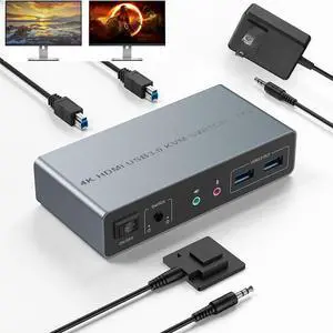 HDMI KVM Switch 2 Monitors 2 Computers 4K@60Hz USB 3.0 KVM Switches Share Dual HDMI Monitors 3 USB Ports for Keyboard Mouse Hard Drives Mic Headset Ports 2 USB-B Cable DC 5V Adapter Controller HDMI KVM Switch 2 Monitors 2 Computers 4K@60Hz USB 3.0 KVM Switches Share Dual HDMI Monitors 3 USB Ports for Keyboard Mouse Hard Drives Mic Headset Ports 2 USB-B Cable DC 5V Adapter Controller