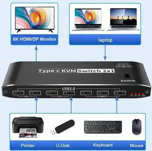 8K USB C KVM Swith 2 in 1 Out, Type C to Displayport or HDMI KVM Switch for 2 Computers Share 1 Monitor with 7 USB2.0 Devies with PD Charging/3.5mm audio/RJ45 Network, Compatible with Thinderbolt 3/4 8K USB C KVM Swith 2 in 1 Out, Type C to Displayport or HDMI KVM Switch for 2 Computers Share 1 Monitor with 7 USB2.0 Devies with PD Charging/3.5mm audio/RJ45 Network, Compatible with Thinderbolt 3/4