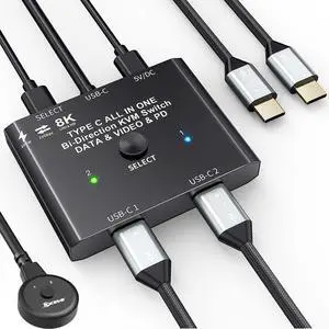 USB C Switch,2 in 1 Out/1 in 2 Out Bi-Directional USB C Switcher Selector for 2 Laptops Share 1 USB Device, 8K@60Hz/10Gbps Data Transfer/100W Charging,Come with Wired Control and 2 UBS C Cables USB C Switch,2 in 1 Out/1 in 2 Out Bi-Directional USB C Switcher Selector for 2 Laptops Share 1 USB Device, 8K@60Hz/10Gbps Data Transfer/100W Charging,Come with Wired Control and 2 UBS C Cables