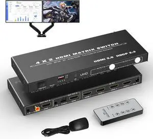 WRIARICH 4x2 HDMI Matrix Switch 4K@60Hz, 4 in 2 Out HDMI Splitter Switcher with IR Remote, HDMI Switch, Optical + Coaxial Digital + 3.5mm Audio Extractor, HDMI2.0, HDCP2.2, D-ol-by, LPCM7.1, 3D WRIARICH 4x2 HDMI Matrix Switch 4K@60Hz, 4 in 2 Out HDMI Splitter Switcher with IR Remote, HDMI Switch, Optical + Coaxial Digital + 3.5mm Audio Extractor, HDMI2.0, HDCP2.2, D-ol-by, LPCM7.1, 3D