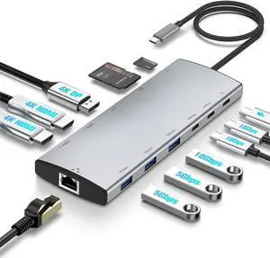 USB C Hub Docking Station, Dual Monitor 12 in 1 Triple Display Multiport Type C Adapter with 2 HDMI, 4K DP, 3 USB 3.2 10Gbps, 2 USB 3.0 Port, 100W PD, Gigabit Ethernet, SD/TF for MacBook, Laptops USB C Hub Docking Station, Dual Monitor 12 in 1 Triple Display Multiport Type C Adapter with 2 HDMI, 4K DP, 3 USB 3.2 10Gbps, 2 USB 3.0 Port, 100W PD, Gigabit Ethernet, SD/TF for MacBook, Laptops