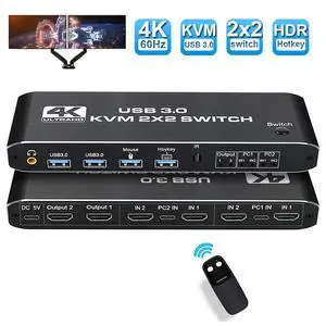 WRIARICH 2 in 2 Out 4K HDMI 2.0 KVM Switch with 3.5mm Jack Audio Output, USB 3.0 HDMI KVM Switch 2x2 for 2 Computers and 2 Monitors 4K @60Hz with 3 Display Method, Hot Key Switching, IR Control WRIARICH 2 in 2 Out 4K HDMI 2.0 KVM Switch with 3.5mm Jack Audio Output, USB 3.0 HDMI KVM Switch 2x2 for 2 Computers and 2 Monitors 4K @60Hz with 3 Display Method, Hot Key Switching, IR Control