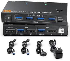 Displayport KVM Switch 2 Computers 1 Monitor, 8K@60Hz/4K@240Hz DP1.4 KVM Switch, 2 in 1 Out Displayport KVM Switches for 2 PCs share 1 Monitor and 4 USB 3.0 Devices, Wired Wired Remote Controller Displayport KVM Switch 2 Computers 1 Monitor, 8K@60Hz/4K@240Hz DP1.4 KVM Switch, 2 in 1 Out Displayport KVM Switches for 2 PCs share 1 Monitor and 4 USB 3.0 Devices, Wired Wired Remote Controller