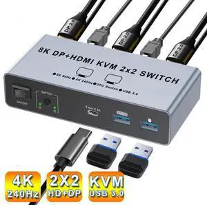 HDMI + Displayport KVM Switch 2 Computers 2 Monitors, Aluminum 8K@60Hz Dual Monitor KVM Switcher for 2 PC Share 2 Monitors and 4 USB 3.0 Ports, Support Extended/Copy Mode, with Desktop Controller HDMI + Displayport KVM Switch 2 Computers 2 Monitors, Aluminum 8K@60Hz Dual Monitor KVM Switcher for 2 PC Share 2 Monitors and 4 USB 3.0 Ports, Support Extended/Copy Mode, with Desktop Controller